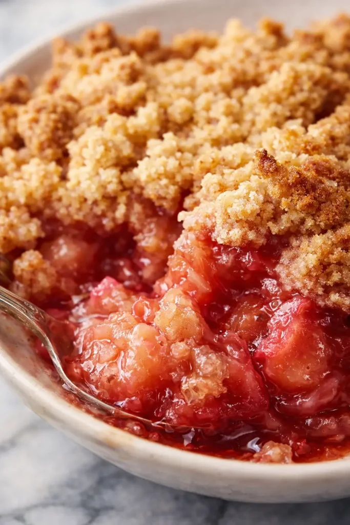 Classic Rhubarb Crisp with golden crumble topping and glossy fruit