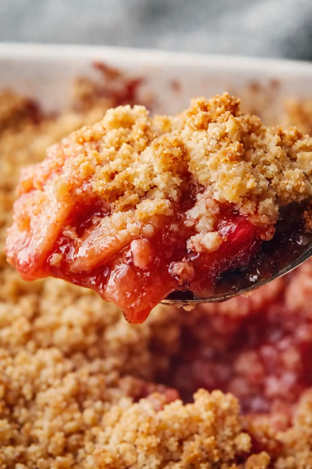 Close up spoonful of classic rhubarb crisp with golden crumble topping