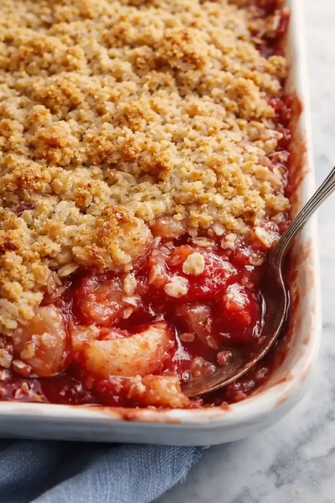 Classic Rhubarb Crisp with golden crumble topping and glossy fruit filling