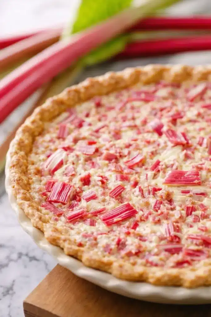 Rhubarb Custard Pie Amazing Classic Spring Treat 5 Whole Rhubarb Custard Pie with golden crust and fresh rhubarb topping