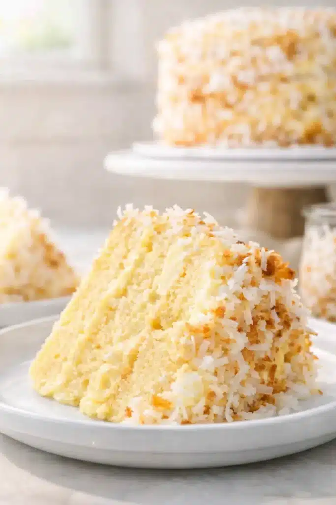 Slice of coconut custard cake topped with toasted coconut flakes on a white plate
