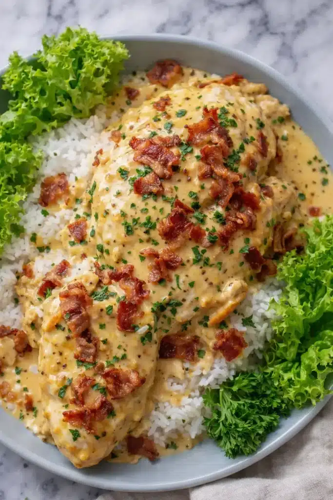 Comfort crock pot crack chicken served with rice, bacon, and creamy sauce