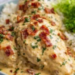 Creamy crock pot crack chicken with bacon and parsley over rice