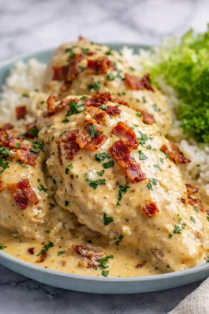 Creamy crock pot crack chicken with bacon and parsley over rice
