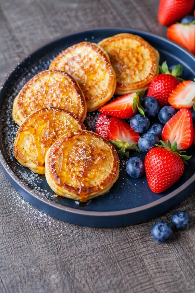 Cottage Cheese Pancakes with syrup and fresh strawberries and blueberries