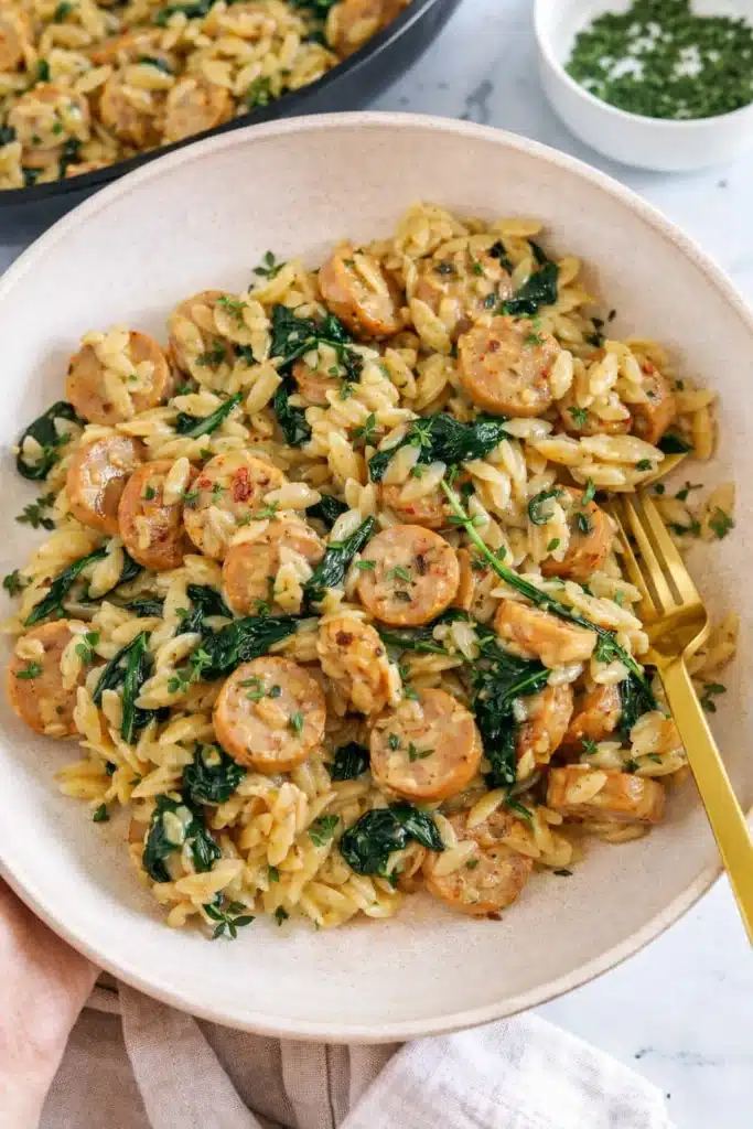 Creamy Chicken Sausage Orzo Easy Comfort Meal 6 Creamy Chicken Sausage Orzo served in ceramic bowl
