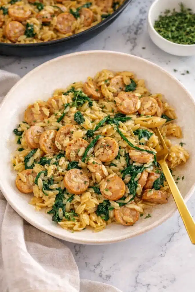 Creamy Chicken Sausage Orzo Easy Comfort Meal 8 Creamy Chicken Sausage Orzo served in ceramic bowl