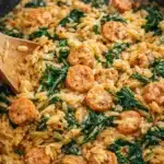 Creamy chicken sausage orzo with spinach in skillet