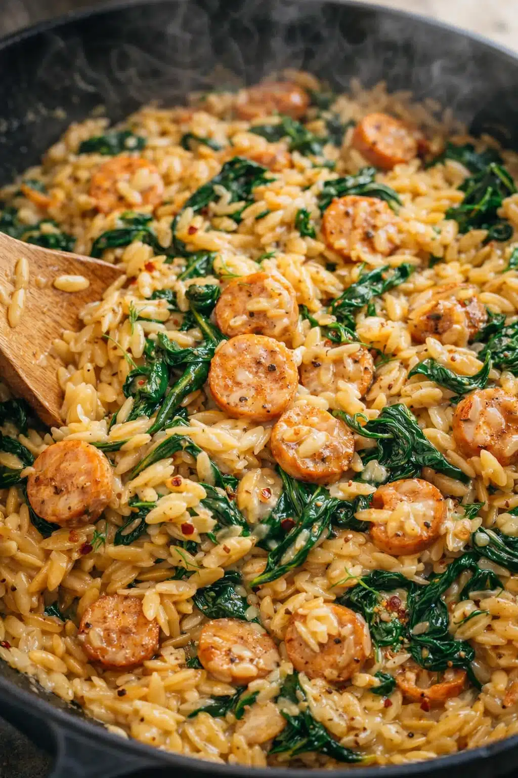 Creamy chicken sausage orzo with spinach in skillet