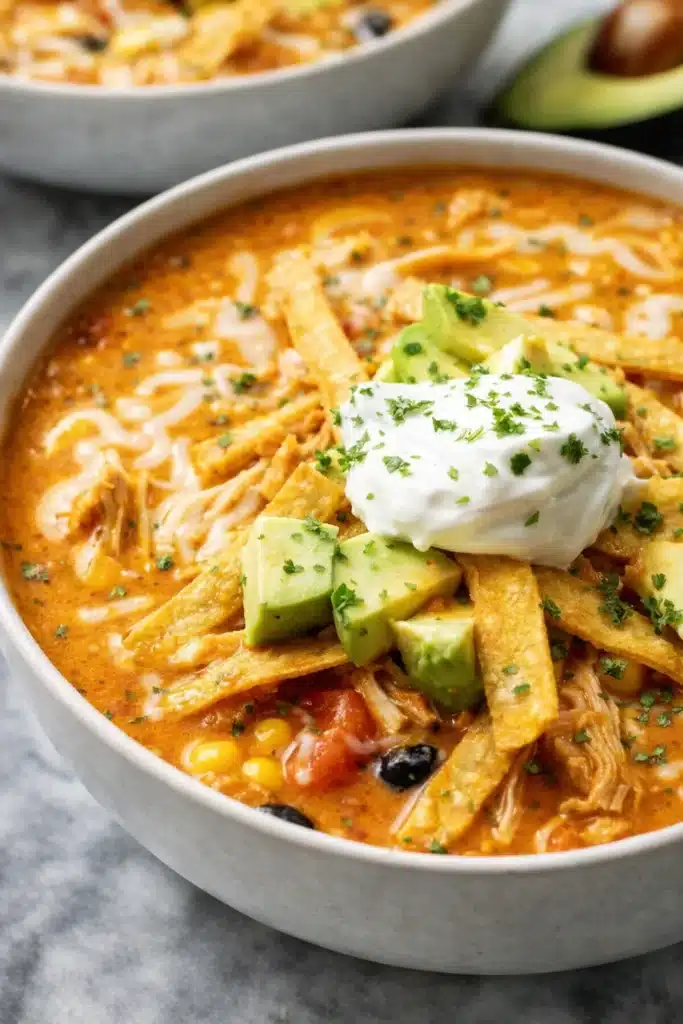 Creamy chicken tortilla soup topped with avocado, sour cream, and tortilla strips