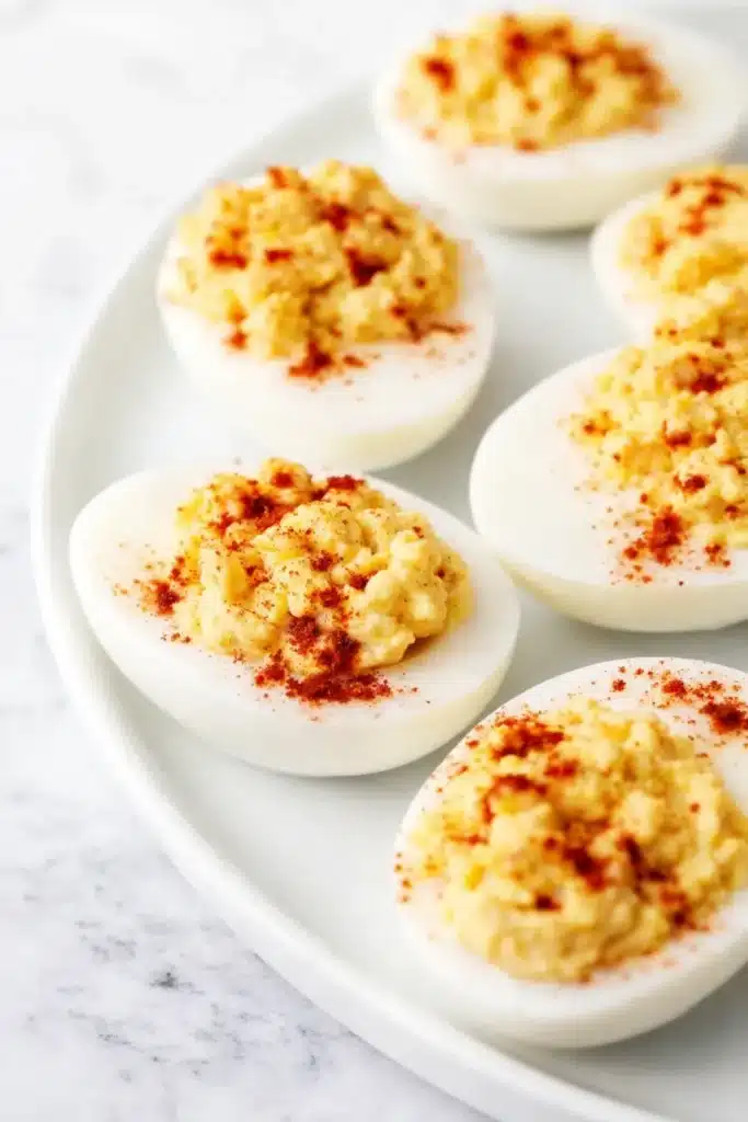 Classic deviled eggs with creamy yolk filling and paprika on a white plate