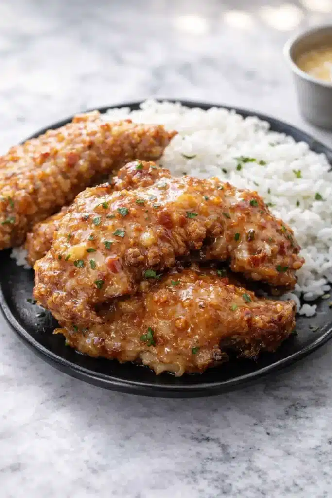 Crispy Bang Bang chicken with rice and sweet chili sauce on a black plate