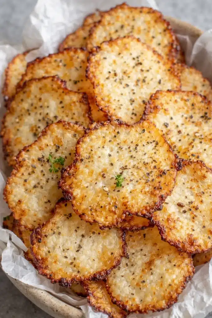 Cottage Cheese Chips Ultimate Crispy Snack 6 Golden crispy Cottage Cheese Chips stacked in ceramic bowl