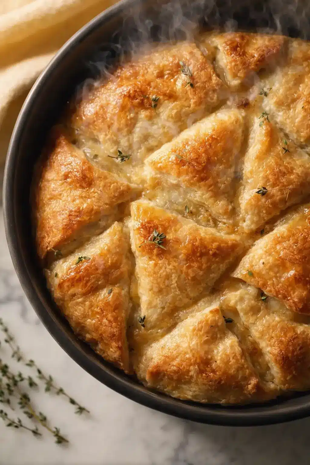 Golden-brown crock pot ground turkey pot pie with flaky crust and thyme