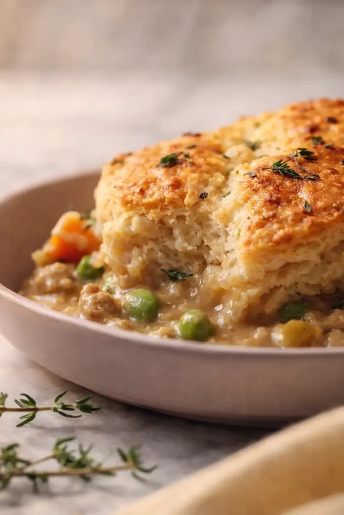 Crock Pot Ground Turkey Pot Pie | Easy, Comforting Dinner 5 Crock pot ground turkey pot pie with golden biscuit crust in beige bowl