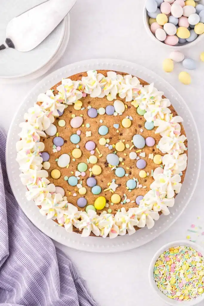 Easter Cookie Cake Recipe Quick Colorful Delight 9 Full Easter Cookie Cake with pastel candies and vanilla frosting border