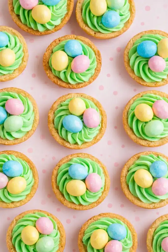 Easter Basket Sugar Cookie Cups arranged on pink polka dot background