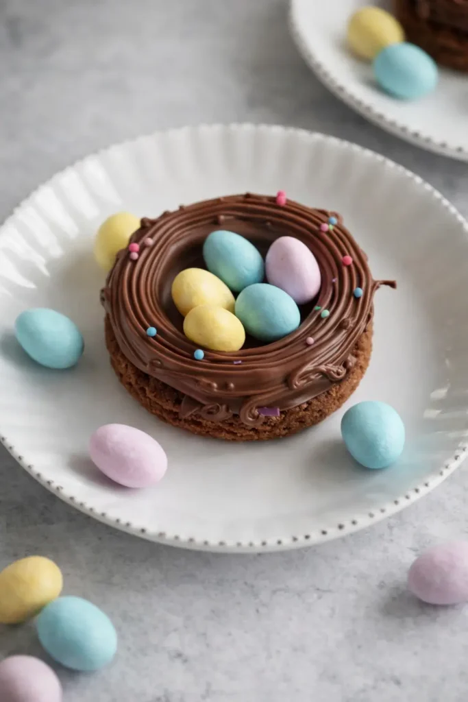 Easter Birds Nest Cookies – Amazing, Easy, Fun Treat 6 Easter Birds Nest Cookie with pastel eggs on white plate