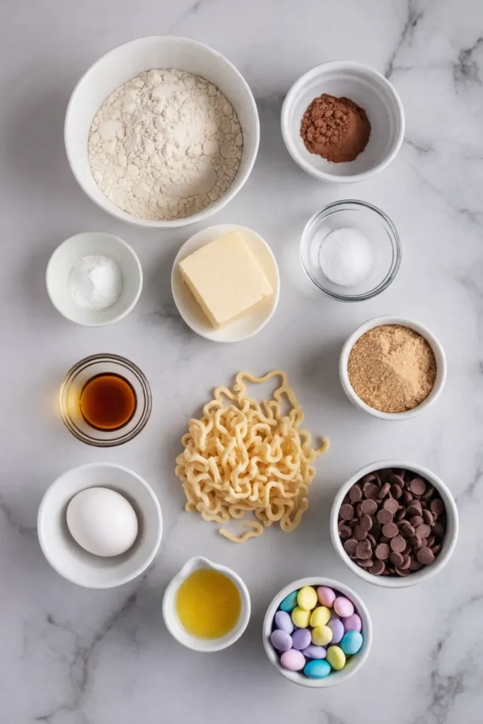 Easter Birds Nest Cookies – Amazing, Easy, Fun Treat 5 Easter Birds Nest Cookies ingredients flat lay on marble surface