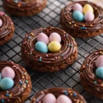 Easter Birds Nest Cookies with pastel candy eggs on cooling rack