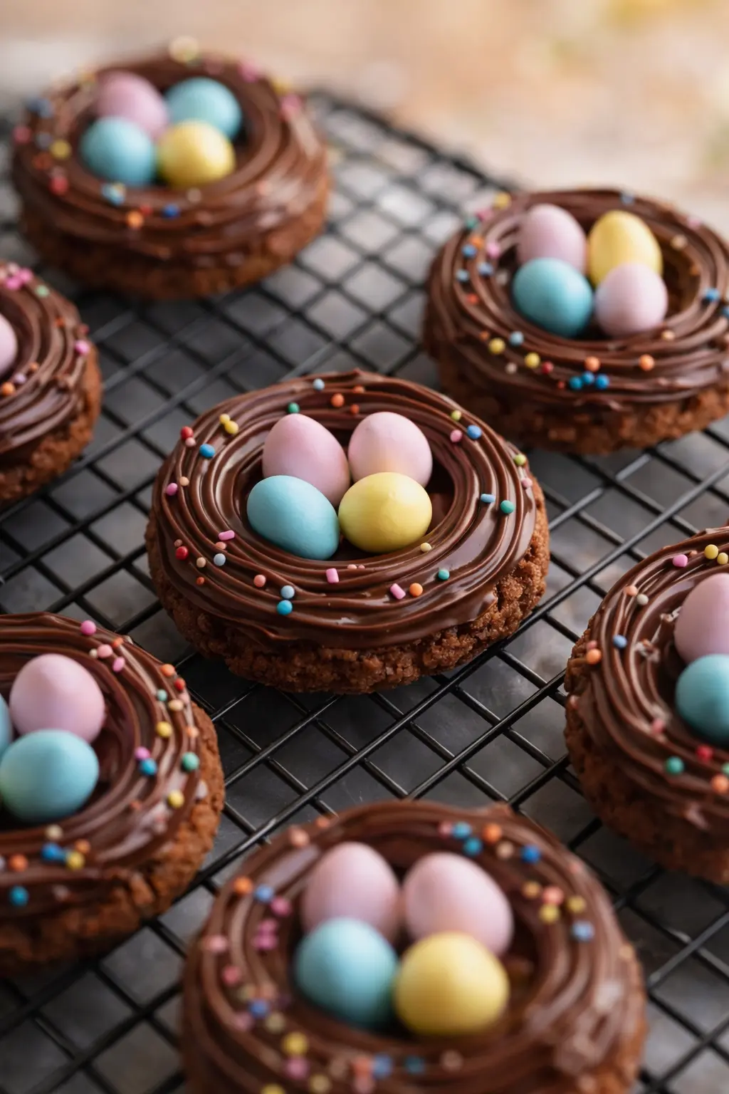 Easter Birds Nest Cookies with pastel candy eggs on cooling rack