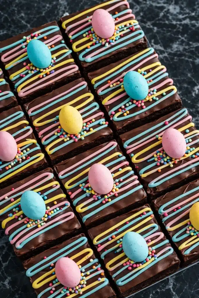 Easter brownies with pastel drizzle and candy eggs arranged on dark marble