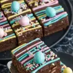 Fudgy Easter brownies with pastel chocolate drizzle and candy eggs on a plate