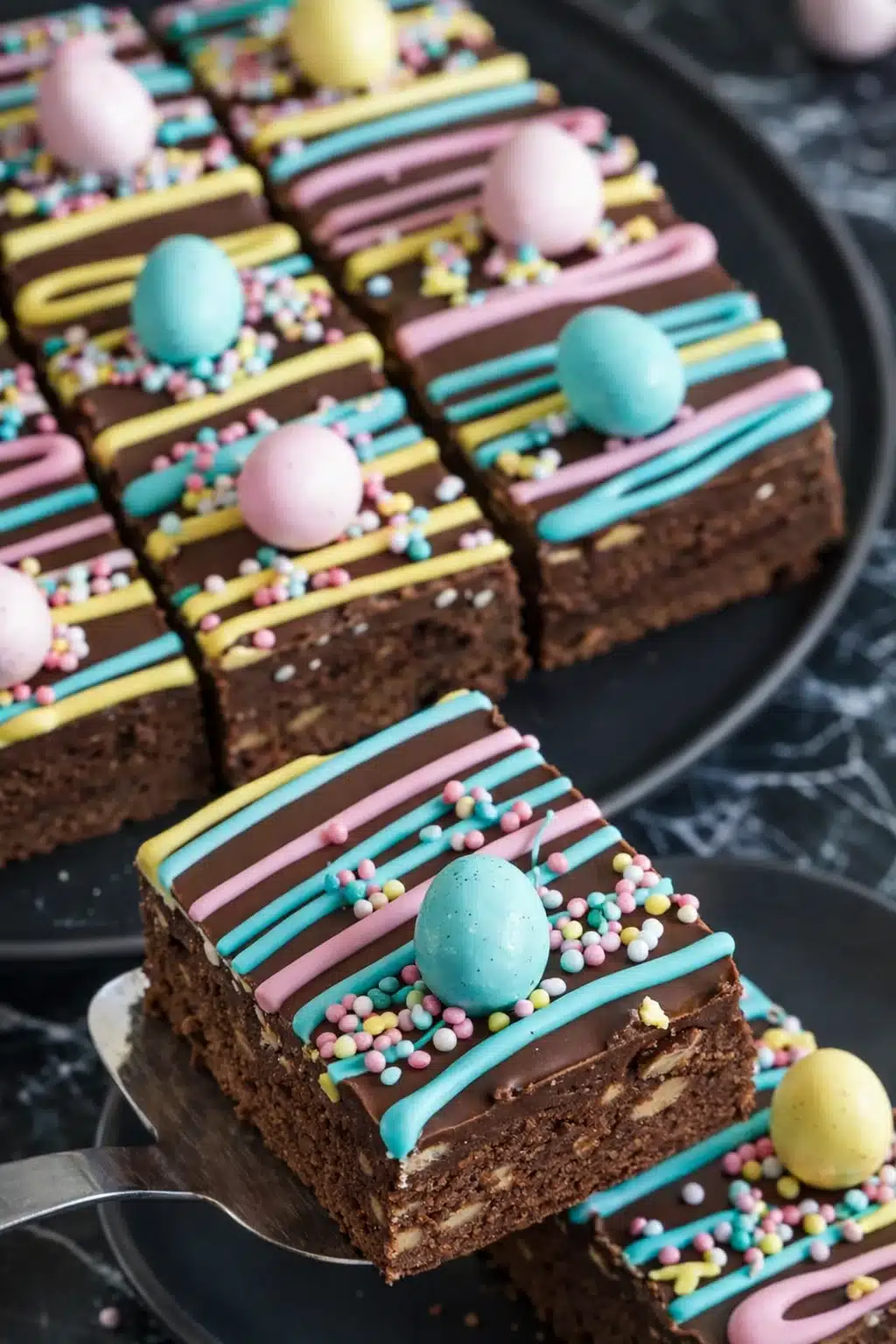 Fudgy Easter brownies with pastel chocolate drizzle and candy eggs on a plate