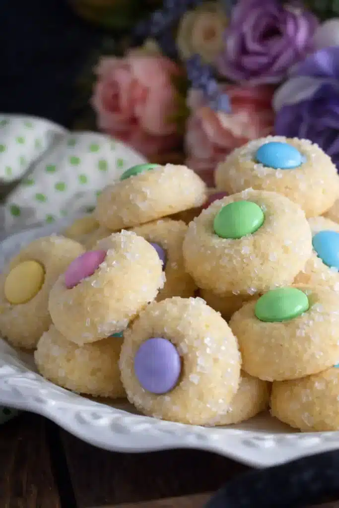 Easter Bunny Button Cookies with pastel candy centers and sparkling sugar