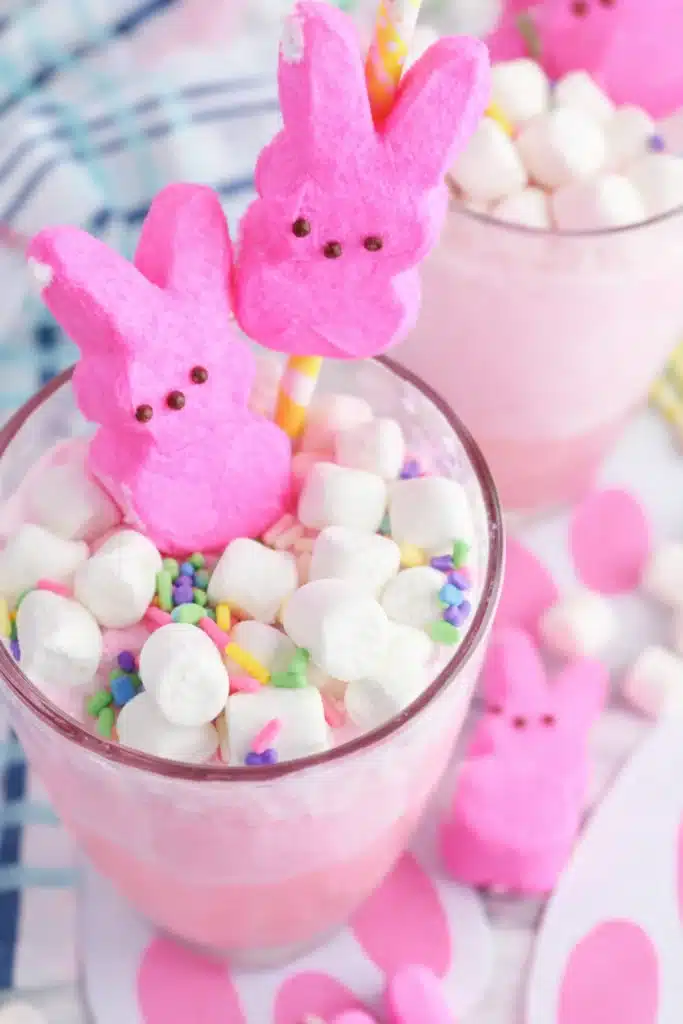 Easter Bunny Punch – Fun, Creamy, & Kid-Friendly Drink 5 Close-up of Easter Bunny Punch topped with marshmallows, sprinkles, and bunny Peeps