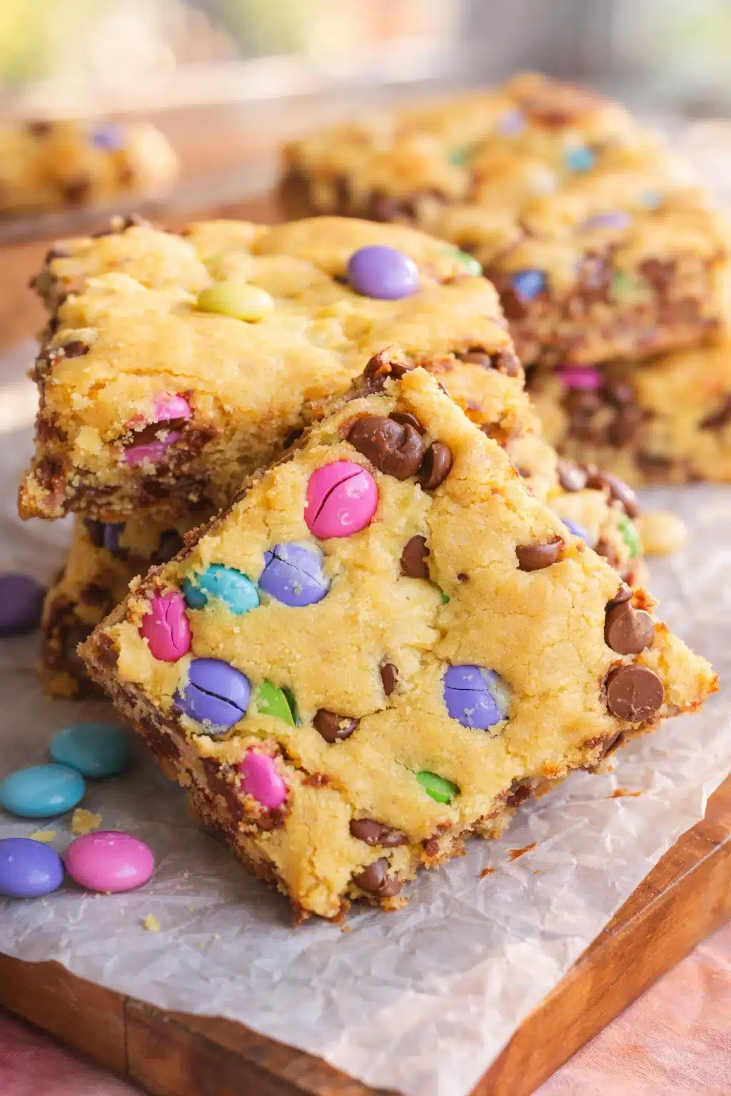 home 6 Soft chewy Easter cake mix cookie bars with pastel M&Ms and chocolate chips