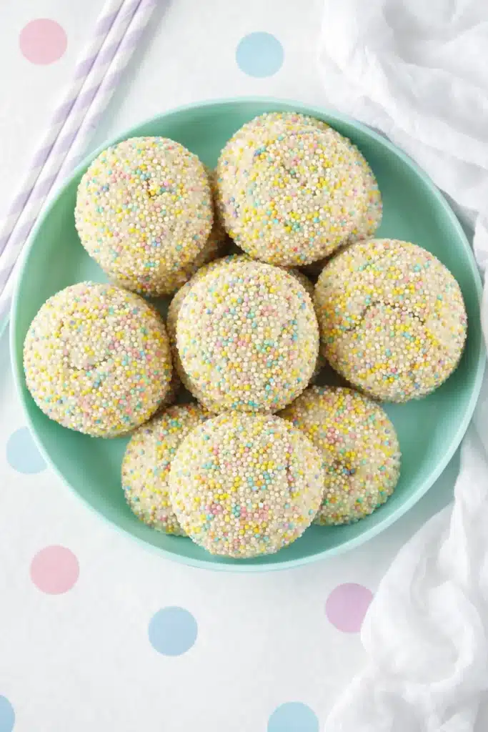 Overhead bowl of Easter Cookies coated in pastel sprinkles