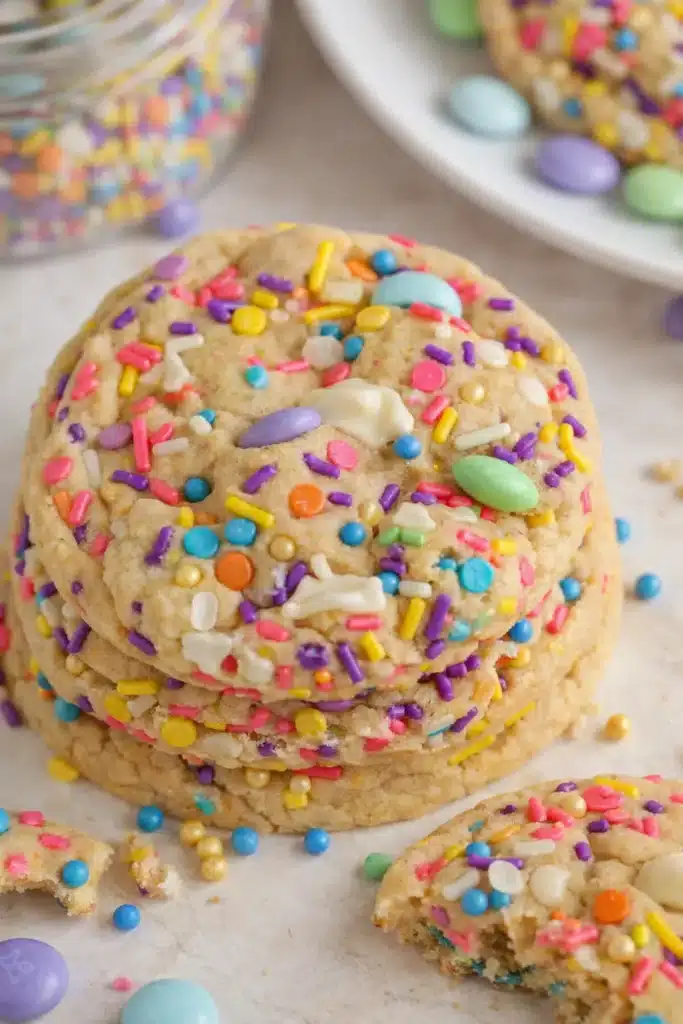 Stack of soft Easter cookies with pastel sprinkles and candies