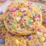Colorful Easter cookies with pastel M&Ms and sprinkles on a plate