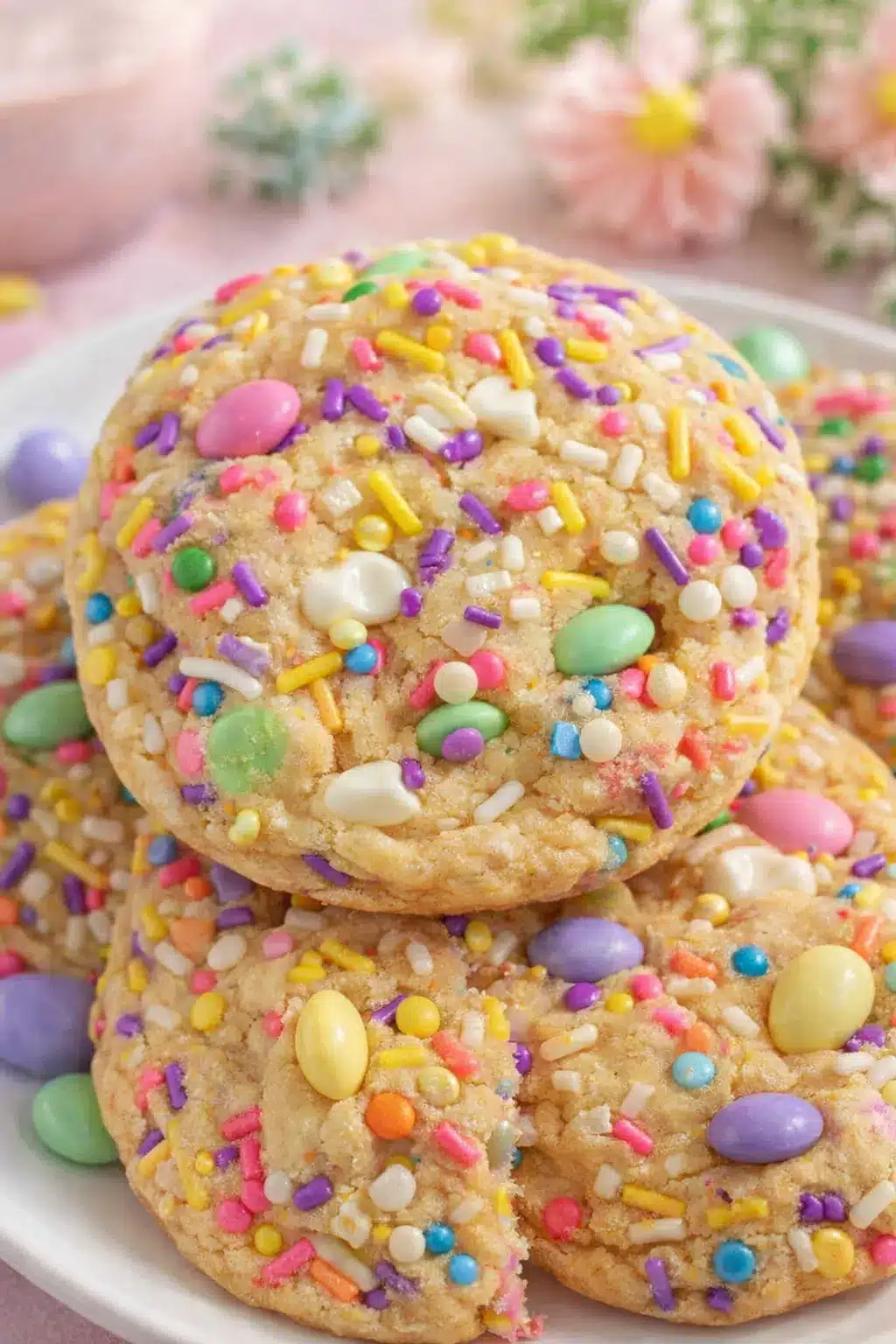 Colorful Easter cookies with pastel M&Ms and sprinkles on a plate