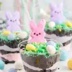 Easter Dirt Cups with Peeps and candy eggs layered in clear cups