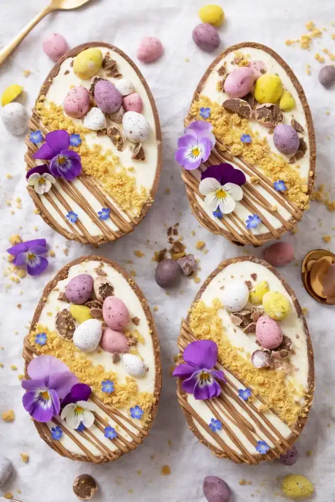 Top view of Easter egg cheesecakes with mini eggs and edible flowers
