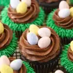 Easter Egg Chocolate Cupcakes with chocolate nest frosting and pastel candy eggs