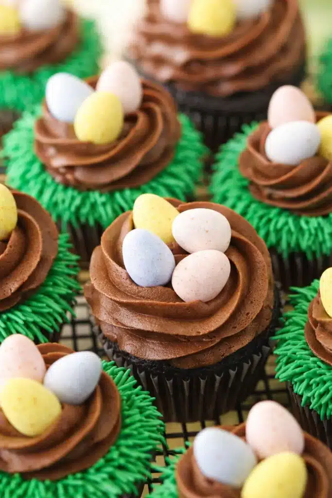 Easter Egg Chocolate Cupcakes with chocolate nest frosting and pastel candy eggs