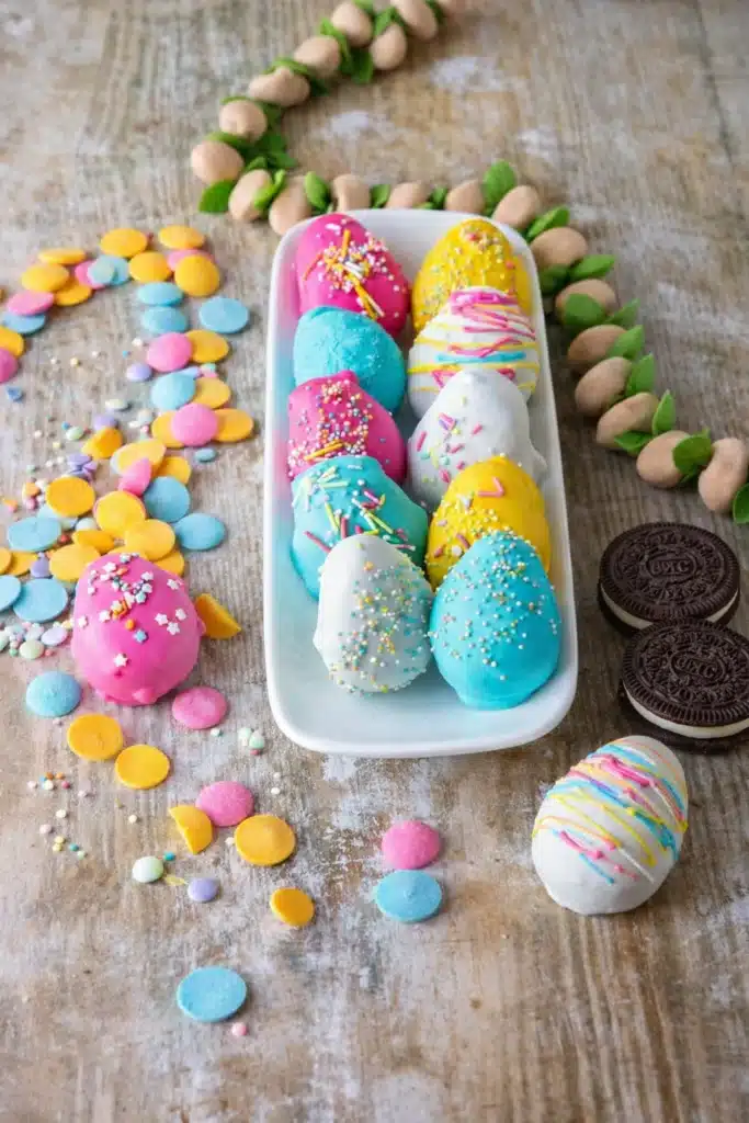 Colorful Easter Egg Oreo Balls on white plate with pastel candy and sprinkles