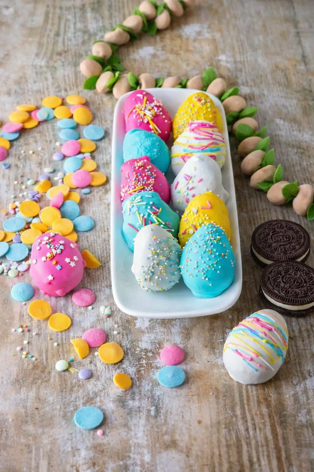 Colorful Easter Egg Oreo Balls on white plate with pastel candy and sprinkles