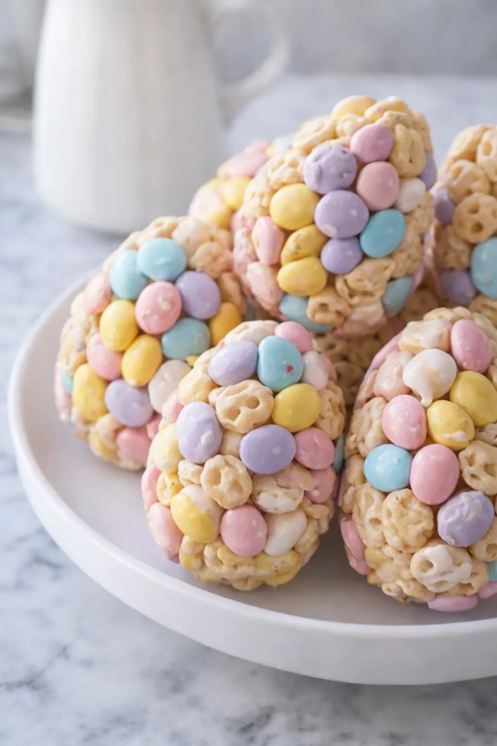 Easter Egg Rice Krispie Treats with pastel candies on a white plate