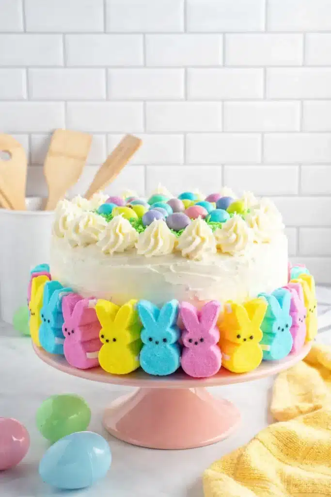 Easter Peep Cake Amazing Festive Surprise 8 Easter Peep Cake with pastel bunny marshmallows and candy eggs