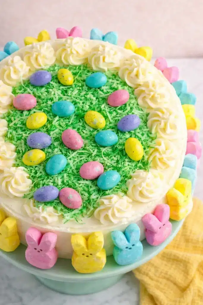 Easter Peep Cake Amazing Festive Surprise 7 Easter Peep Cake with coconut grass and pastel candy eggs