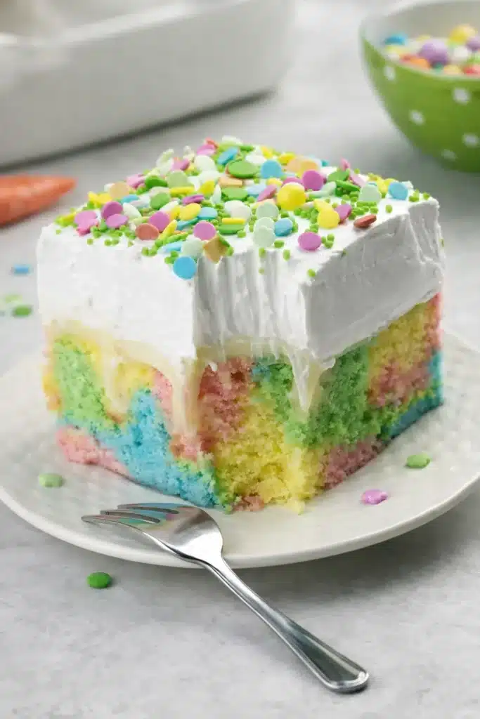 Easter Poke Cake with Pastel Swirls and Creamy Filling 4 Slice of Easter Poke Cake with pastel swirls and creamy pudding filling