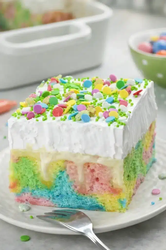 Slice of Easter poke cake with pastel swirls, pudding filling and whipped cream topping