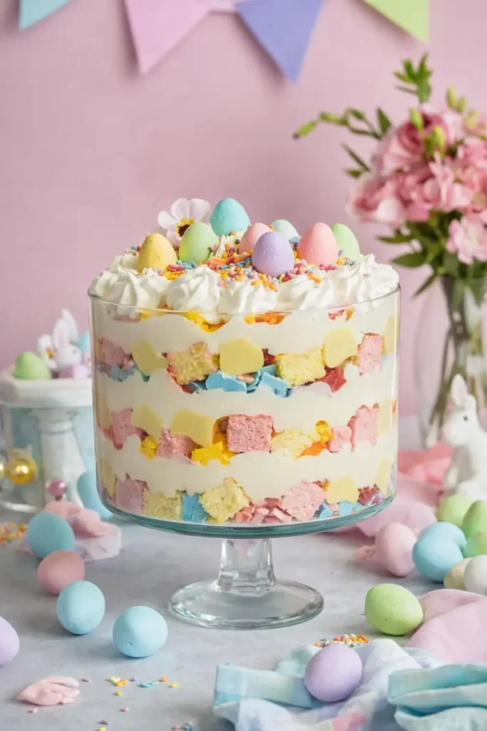  Easter trifle dessert layered with pastel cake, whipped cream, and mini eggs in glass bowl