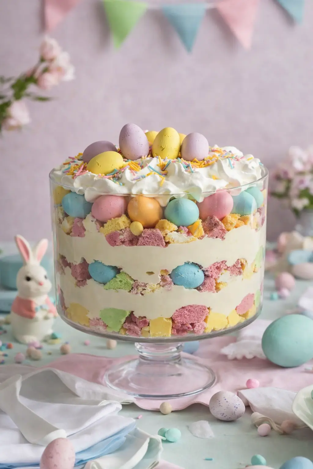 Easter trifle dessert with pastel cake, whipped cream, and mini eggs in a glass bowl