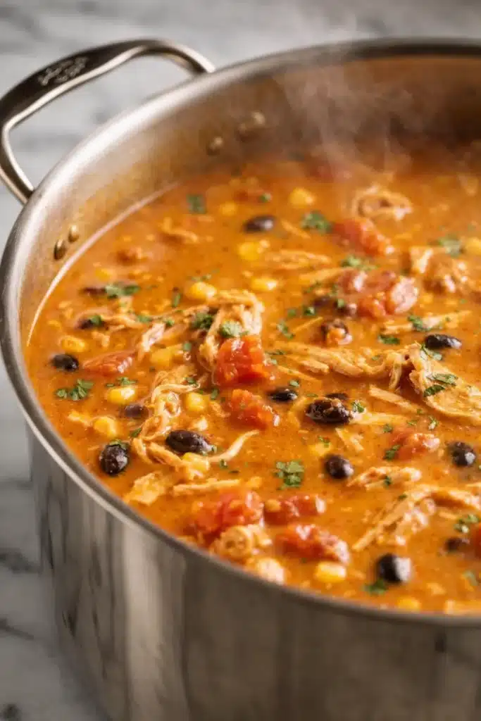 Pot of creamy easy chicken tortilla soup simmering with chicken, corn, and beans