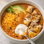 Bowl of easy chicken tortilla soup with cheese, avocado, and sour cream